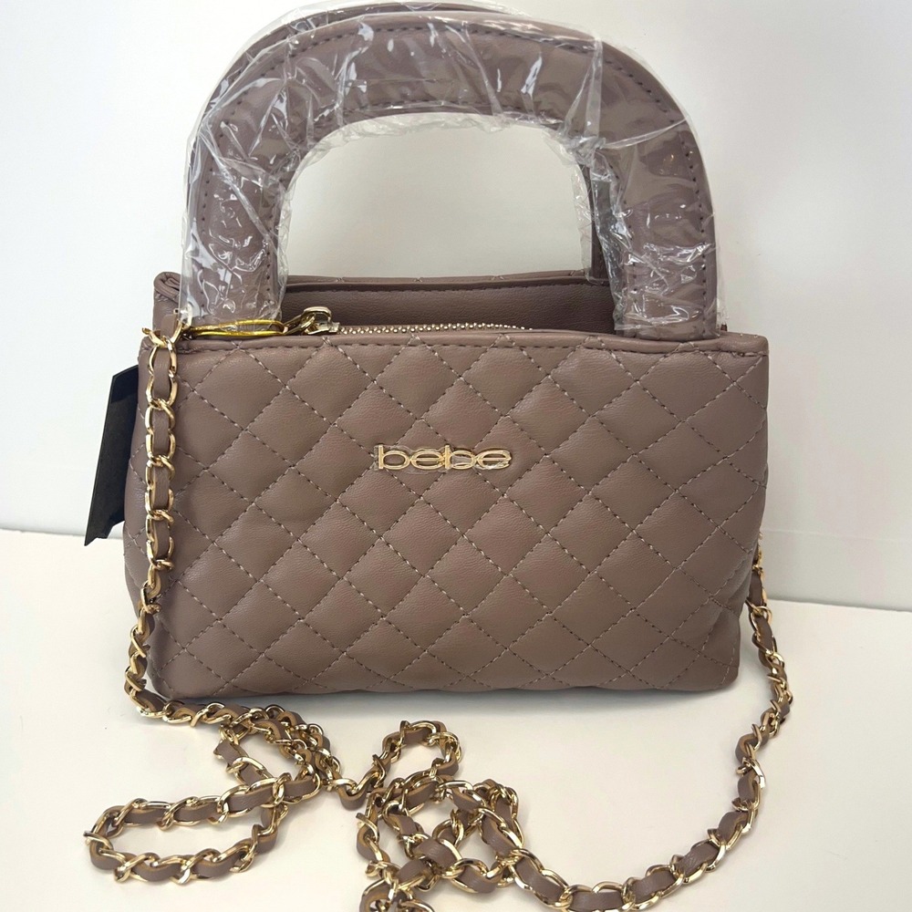 BEBE Sofie Mini Satchel Crossbody Bag Gold Chain Purse Quilted‎ Taupe Mauve NEW